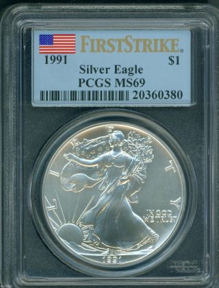 1991 American Silver Eagle Ase S$1 Pcgs Ms69 Near Perfect First Strike Fs photo