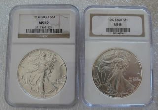 1988,  91,  93,  97 Silver Eagle,  Walking Liberty Dollar X4 Coin Ngc Ms68,  Ms69 photo