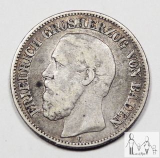 1876 G German States Baden Fine 2 Mark 90% Silver.  3215 Asw A11 photo