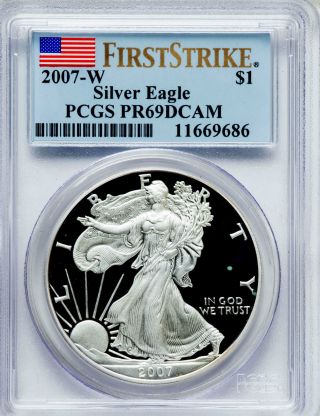 2007 - W American Silver Eagle Pr69 Dcam First Strike Pcgs Cert Flag Label photo