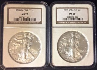 (2) 2008 W Silver Eagles $1 - Ngc - Ms70 photo