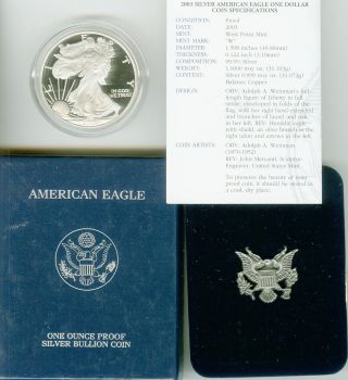2003 W 1 Oz Proof American Silver Eagle W/coa photo