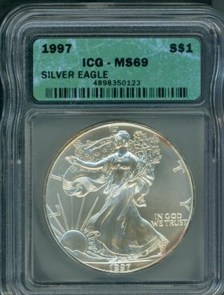 1997 American Silver Eagle Ase S$1 Icg Ms69 Ms - 69 photo