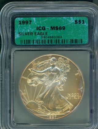 1997 American Silver Eagle Ase S$1 Icg Ms69 Ms - 69 Originally Toned photo