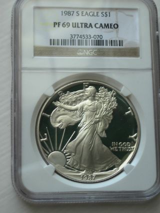 1987 S Silver Eagle Dollar Certified Ngc Pf69 Ultra Cameo Ships photo