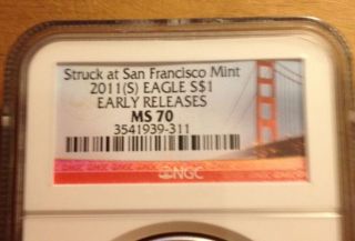 2011 Silver Eagle Ms 70 (s) Early Release San Francisco Bridge Label photo