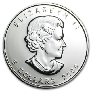 2009 $5 Silver Canadian Maple Leaf Gem Bu 1 Troy Ounce.  9999 Fine photo