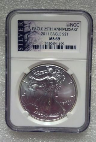 2011 1 Oz Silver American Eagle 25th Anniversary Coin Ngc Ms69 Liberty Label photo