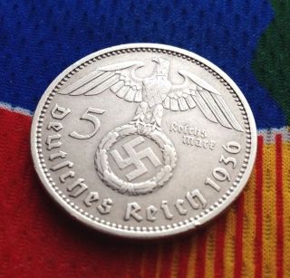 Extra Rare 1936 A Ww2 5 Mark 90% Silver German Third Reichsmark Coin photo