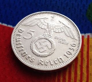 Extra Rare 1936 E Ww2 5 Mark 90% Silver German Third Reichsmark Coin photo