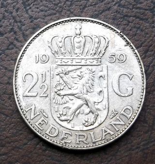 . 720 Silver 1959 Netherlands 2 1/2 Gulden Large 33mm Crown Start At Melt Km 85 photo