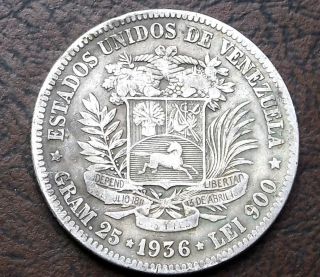 . 900 Silver 1936 Venezuela 25 Gram 5 Bolivares 37mm Crown Start At Melt Y 24.  2 photo