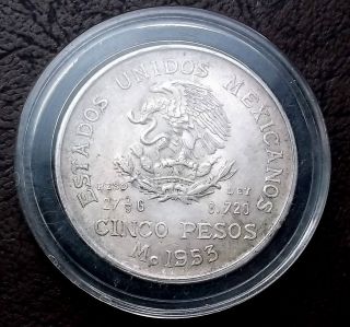 Silver 1953 Mexico 5 Pesos.  6430 Oz Asw Large 40mm Crown Start At Melt Km 467 photo