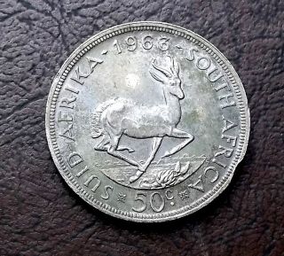 Silver 1963 South Africa 50 Cents.  4546 Oz Asw Start At Melt Big Crown Km 62 photo
