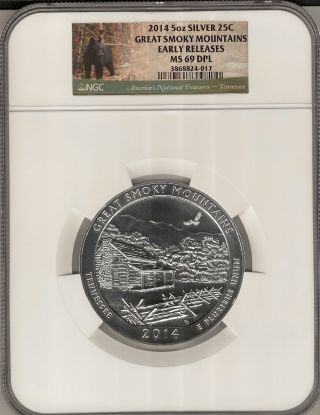 2014 Atb Great Smoky Mountains,  Tn 5 Oz.  999 Silver Ms69 Dpl Early Releases Ngc photo