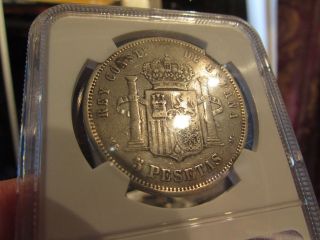 Rare Low Mintage Key Date 1885 Spain Alfonso 5 Pesetas: Ngc Graded Silver Crown photo