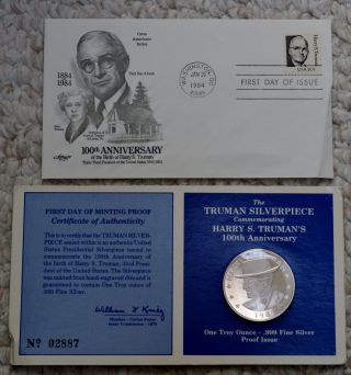 The Truman Silverpiece And First Day Stamp Issue Commemorating Truman ' S 1ooth photo