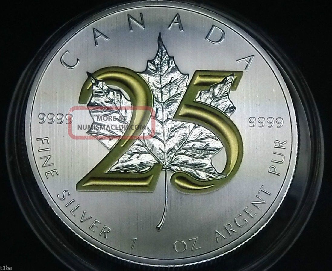 2013 Canada $5 Gilded Silver Maple Leaf 1 Oz 9999 25th Anniversary