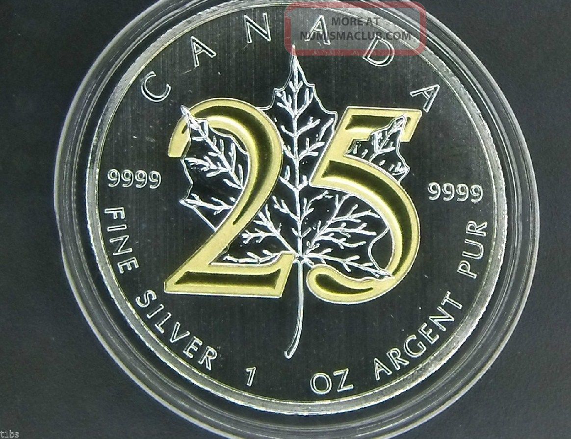 2013 Canada $5 Gilded Silver Maple Leaf 1 Oz 9999 25th Anniversary