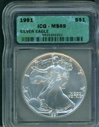 1991 American Silver Eagle Ase S$1 Icg Ms69 Ms - 69 photo