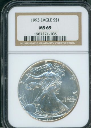 1993 American Silver Eagle S$1 Ase Ngc Ms69 Ms - 69 Premium Quality Pq+ photo