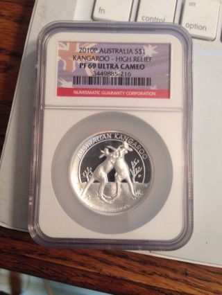 2010 - P Australia $1 Silver Kangaroo High Relief.  999 Silver Coin - Ngc Pf 69 Uc photo