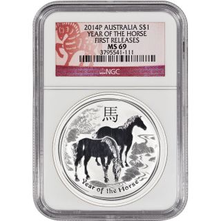 2014 Australia Silver Lunar ' Year Of The Horse ' (1 Oz) $1 - Ngc Ms69 - Fr photo