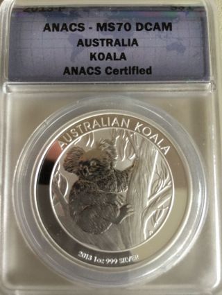 2013 - P Australian Koala $1 Silver Coin.  999 1 Oz Anacs Ms70 photo