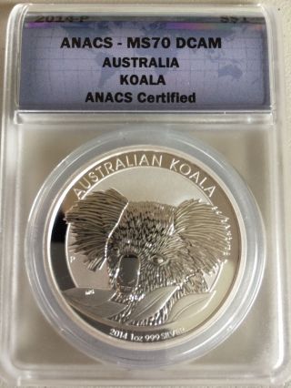 2014 - P Australian Koala $1 Silver Coin.  999 1 Oz Anacs Ms70 photo