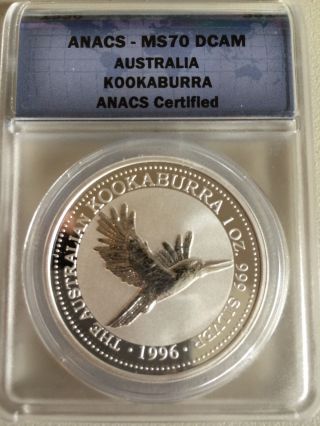 1996 Australian Kookaburra $1 Silver Coin.  999 1 Oz Anacs Ms70 photo