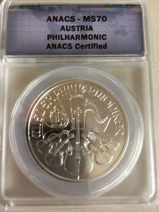 2013 Austrian Philharmonic 1,  50 Euro Silver Coin.  999 1 Oz Anacs Ms70 photo