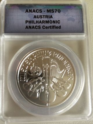 2014 Austrian Philharmonic 1,  50 Euro Silver Coin.  999 1 Oz Anacs Ms70 photo