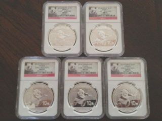 (5) 2014 China S10y Silver Pandas Early Release Ms 69 Ngc Certified photo