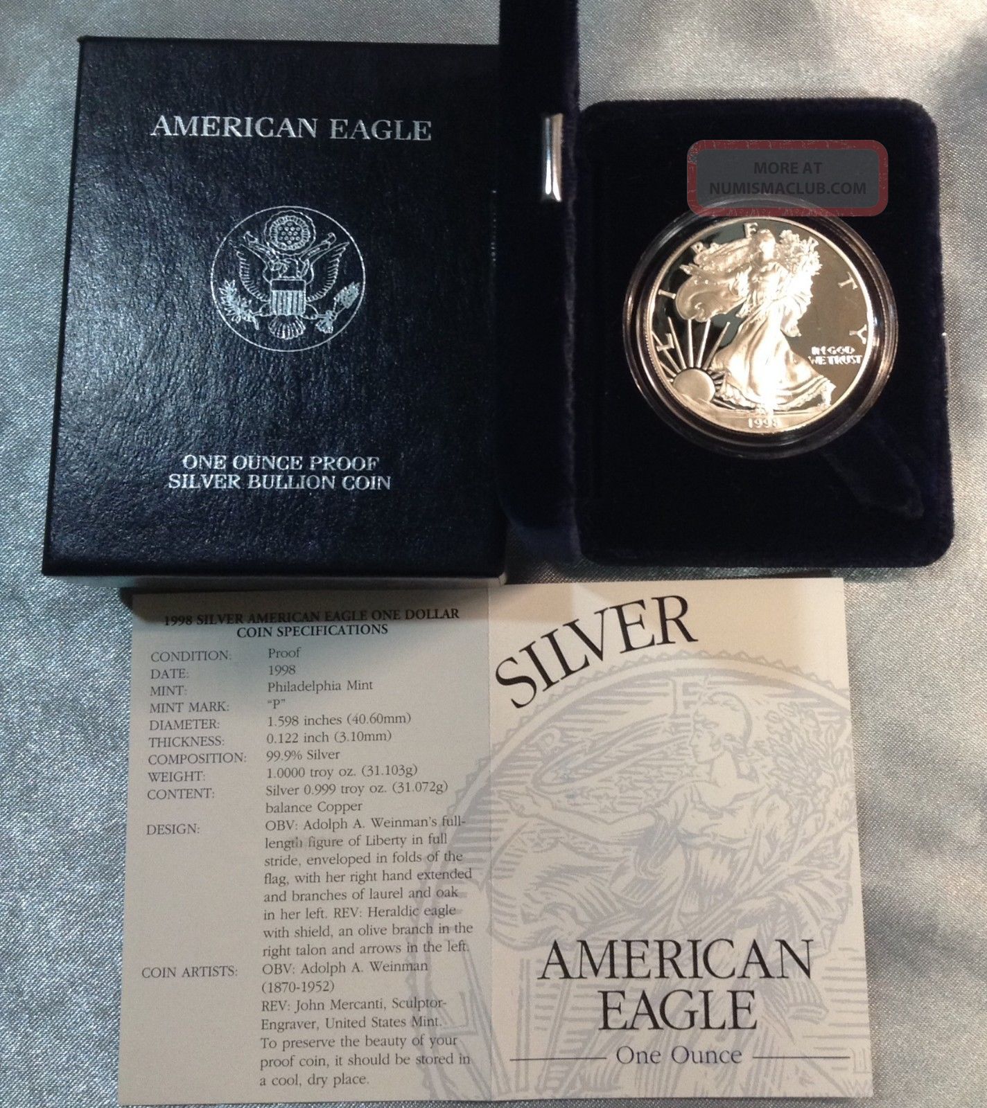 1998 P Silver American Eagle 1 Oz .999 Proof Coin w// Box /& COA