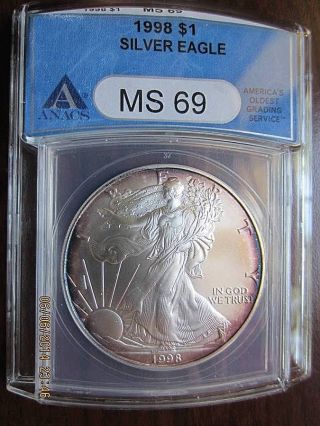 1998 Silver $1 American Eagle Anacs Ms69.  999 Silver 1 Oz.  856 photo