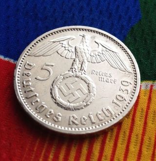 Extra Rare 1939 A Ww2 5 Mark 90% Silver German Third Reichsmark Coin photo