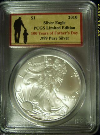 Pcgs Limited Edition 2010 Father ' S Day Silver Eagle W/ Matching Card photo
