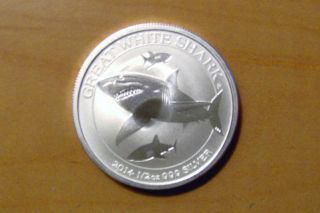 1/2 Troy Oz.  999 Fine Silver 2014 Australian Great White Shark Coin,  Bullion photo