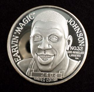 1 Oz Los Angeles Lakers Earvin Magic Johnson.  999 Fine Silver Ltd Most Assists photo