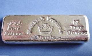Monarch 999 Silver Hand Poured Loaf Bar (10) Troy Ounce Uncirculated Silver Loaf photo