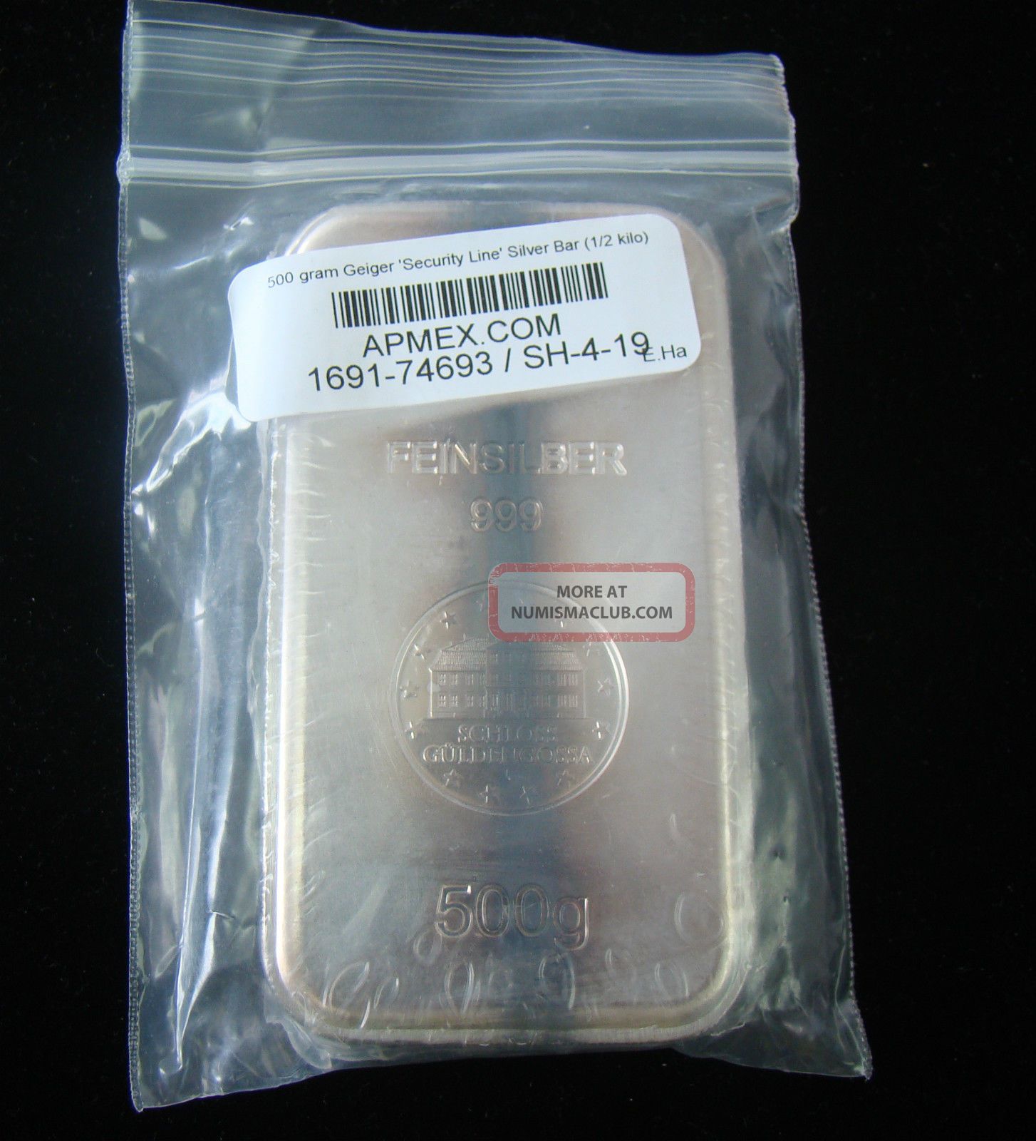 500 Gram 1/2 Kilo, Geiger Security Line Silver Bar. 999 Fine Silver