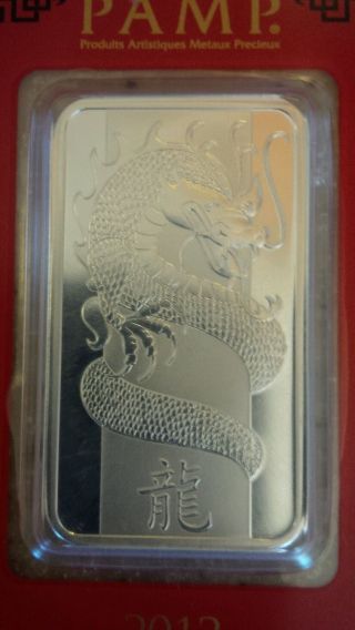 1 Oz Pamp Suisse Year Of The Dragon Silver Bar (w/ Assay) photo