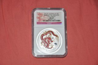 2012 Australia Lunar Year Of The Dragon 1 Troy Oz 999 Silver Ngc 69 Colorized photo