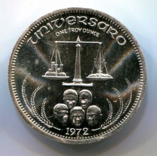 1972 Universaro 1 Troy Oz.  999 Fine Silver Art World Trade Coin photo