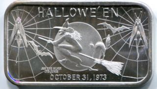 Halloween 1973 Witch Bats Black Cat 1 Oz.  999 Fine Silver Art Bar Madison photo