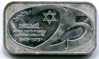 Israel 25th Anniversary 1973 1 Oz.  999 Fine Silver Art Bar United States Ussc photo