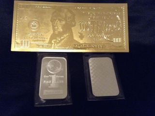 1 Troy Oz Silver Bar.  999 Fine - Morgan Dollar Design 1 Gold Leaf $10 Bill photo