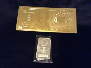 1 Troy Oz Silver Bar.  999 Fine - Morgan Dollar Design 1 Gold Leaf $20 Bill photo