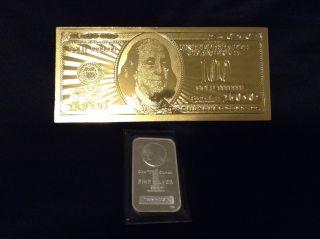1 Troy Oz Silver Bar.  999 Fine - Morgan Dollar Design 1 Gold Leaf $100 Bill photo