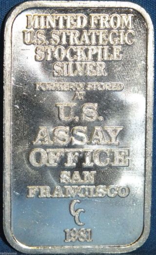 San Francisco Us Strategic Stockpile.  999 Silver Bar Ingot 1 Oz Troy - Sab Jf395 photo